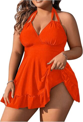 SOLY HUX Women's Plus Size Two Piece Swimsuit Ruffle Hem Halter Swim Dress Tankini Bathing Suit with Bottom in Saudi Arabia