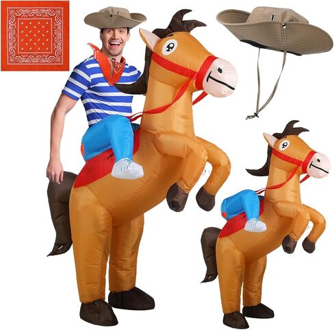 3 قطع الكبار نفخ زي هالوين نفخ الحصان زي مجموعة ركوب كاوبوي زي مربع وشاح قبعة رعاة البقر تفجير الأزياء حزب in Kuwait