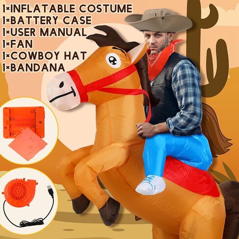 3 قطع الكبار نفخ زي هالوين نفخ الحصان زي مجموعة ركوب كاوبوي زي مربع وشاح قبعة رعاة البقر تفجير الأزياء حزب in Kuwait