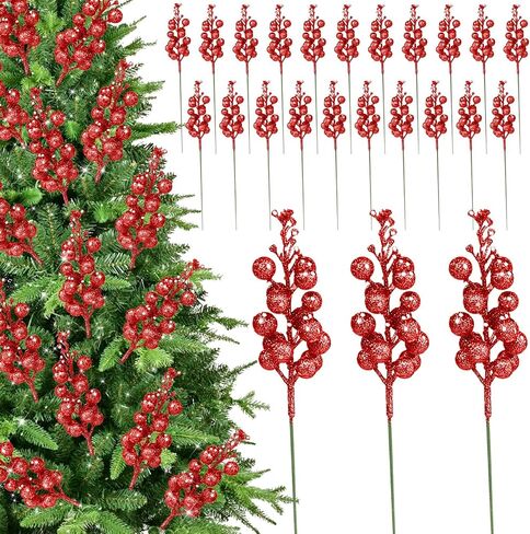 24 Pack Christmas Glitter Berries Stems, 11" Artificial Glitter Holly Berry Twig Ornaments, Glittery Picks Stems Branches for Christmas Tree Small Vase Holiday Party Decorations(Red) in Saudi Arabia