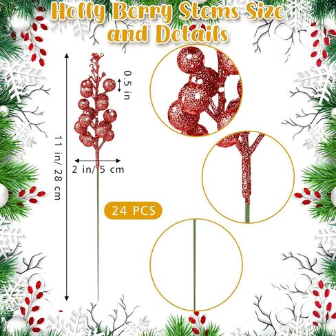 24 Pack Christmas Glitter Berries Stems, 11" Artificial Glitter Holly Berry Twig Ornaments, Glittery Picks Stems Branches for Christmas Tree Small Vase Holiday Party Decorations(Red) in Saudi Arabia