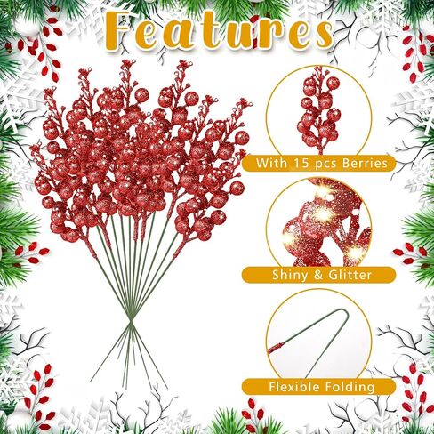 24 Pack Christmas Glitter Berries Stems, 11" Artificial Glitter Holly Berry Twig Ornaments, Glittery Picks Stems Branches for Christmas Tree Small Vase Holiday Party Decorations(Red) in Saudi Arabia