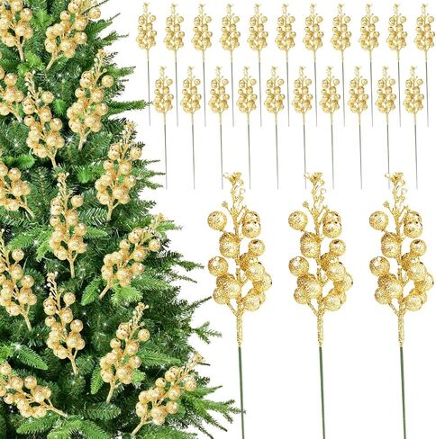 24 Pack Christmas Glitter Berries Stems, 11" Artificial Glitter Holly Berry Twig Ornaments, Glittery Picks Stems Branches for Christmas Tree Small Vase Holiday Party Decorations(Red) in Saudi Arabia