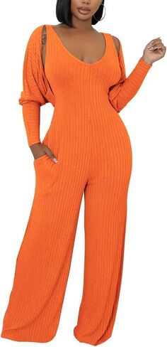 Annystore Sexy 2 Piece Set for Women Fall Outfit Ribbed Knit Long Sleeve Crop Cardigan Wide Leg Pants Set Jumpsuit Clubwear in Saudi Arabia