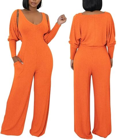Annystore Sexy 2 Piece Set for Women Fall Outfit Ribbed Knit Long Sleeve Crop Cardigan Wide Leg Pants Set Jumpsuit Clubwear in Saudi Arabia