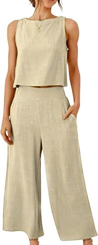 Womens Cotton Linen 2 Piece Outfits Crop Tank Tops Wide Leg Pants Set Casual Lounge Sets in Kuwait