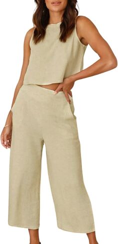 Womens Cotton Linen 2 Piece Outfits Crop Tank Tops Wide Leg Pants Set Casual Lounge Sets in Kuwait