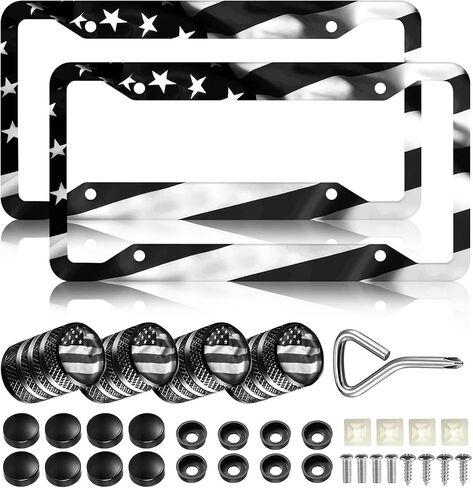 Black American Flag License Plate Frames - 2 Pack Universal Patriotic Matte Gloss Stars Stripe US Flag Aluminum Car Tag Frame Holder Covers with 4 Fluttering Flag Valve Stem Caps, Screws Fasteners in Saudi Arabia