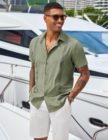 COOFANDY Men's Cuban Guayabera Shirts Casual Short Sleeve Button Down Shirt Summer Beach Vacation Shirt in Saudi Arabia