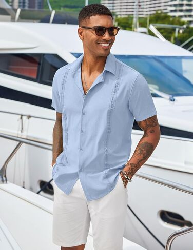 COOFANDY Men's Cuban Guayabera Shirts Casual Short Sleeve Button Down Shirt Summer Beach Vacation Shirt in Saudi Arabia