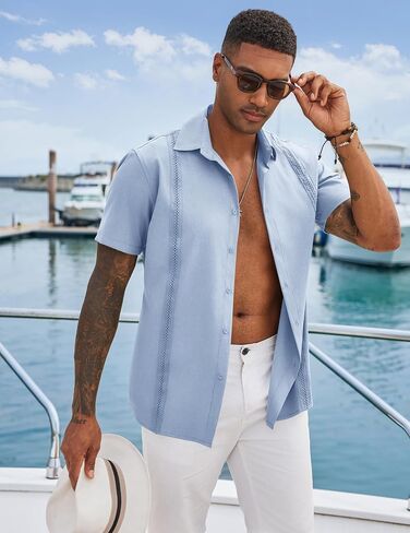 COOFANDY Men's Cuban Guayabera Shirts Casual Short Sleeve Button Down Shirt Summer Beach Vacation Shirt in Saudi Arabia