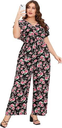 ShopWonder Women Plus Size Jumpsuit Wrap V Neck Ruffle Short Sleeves High Waist Wide Leg Romper Pants in Saudi Arabia