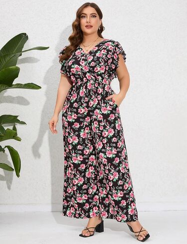 ShopWonder Women Plus Size Jumpsuit Wrap V Neck Ruffle Short Sleeves High Waist Wide Leg Romper Pants in Saudi Arabia
