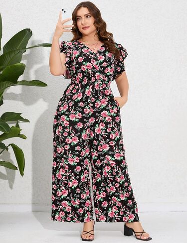 ShopWonder Women Plus Size Jumpsuit Wrap V Neck Ruffle Short Sleeves High Waist Wide Leg Romper Pants in Saudi Arabia