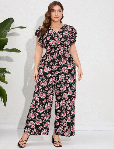 ShopWonder Women Plus Size Jumpsuit Wrap V Neck Ruffle Short Sleeves High Waist Wide Leg Romper Pants in Saudi Arabia