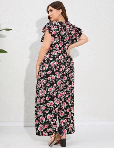 ShopWonder Women Plus Size Jumpsuit Wrap V Neck Ruffle Short Sleeves High Waist Wide Leg Romper Pants in Saudi Arabia