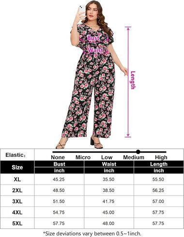 ShopWonder Women Plus Size Jumpsuit Wrap V Neck Ruffle Short Sleeves High Waist Wide Leg Romper Pants in Saudi Arabia