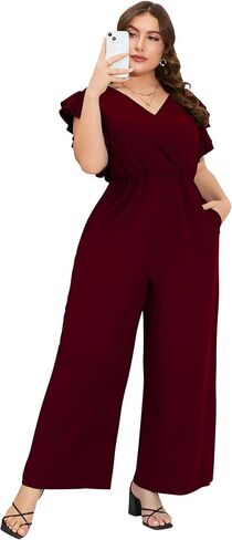 ShopWonder Women Plus Size Jumpsuit Wrap V Neck Ruffle Short Sleeves High Waist Wide Leg Romper Pants in Saudi Arabia
