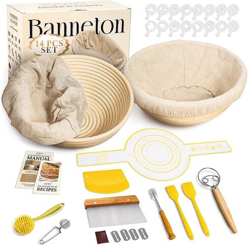 Banneton Bread Proofing Basket Set: 9" Round & 10" Oval Banneton Basket, Sourdough Bread Baking Supplies with Bread Lame, Dough Whisk, Dough Scraper, Bread Sling Complete Bread Making Kit in Saudi Arabia