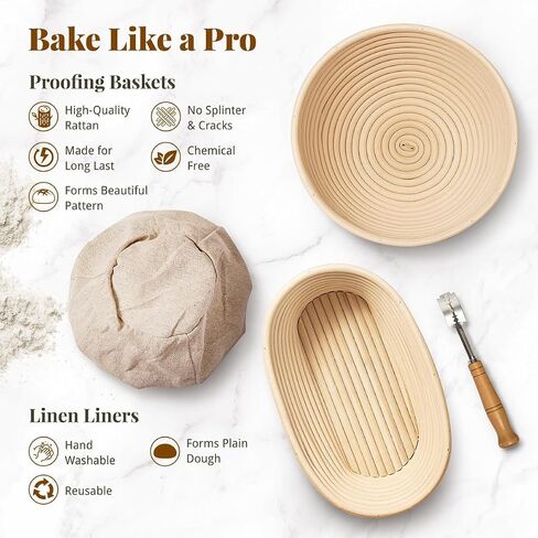 Banneton Bread Proofing Basket Set: 9" Round & 10" Oval Banneton Basket, Sourdough Bread Baking Supplies with Bread Lame, Dough Whisk, Dough Scraper, Bread Sling Complete Bread Making Kit in Saudi Arabia