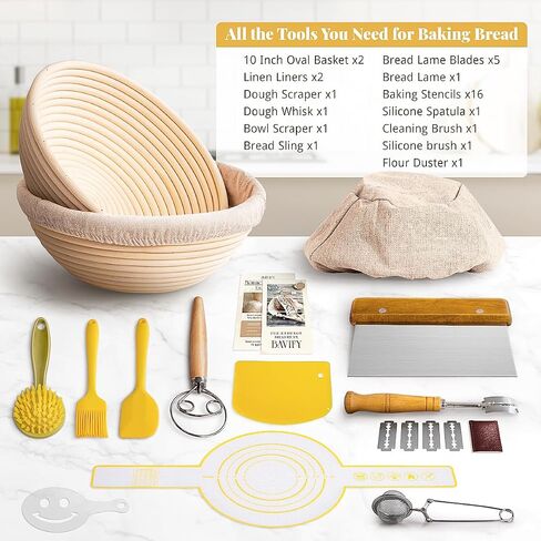 Banneton Bread Proofing Basket Set: 9" Round & 10" Oval Banneton Basket, Sourdough Bread Baking Supplies with Bread Lame, Dough Whisk, Dough Scraper, Bread Sling Complete Bread Making Kit in Saudi Arabia