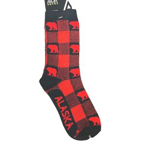 ACE Alaska Buffalo Plaid Bear Novelty Socks - Ladies 8-11, Red, Medium
