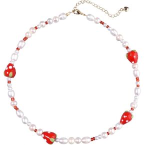 Miss Pink Boho Beaded Necklace for Women, Y2K Natural Pearl Beaded Necklace Choker Summer Benchy Necklace Natural Bead Necklaces for Teen Girls Handmade Boho Jewelry Birthday Gift