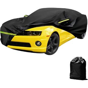 Car Cover for Chevy Camaro 2010-2023 Waterproof All Weather Full Car Cover 210D with Door Zipper & Windproof Bands for Snow Rain Dust Hail Protection Black