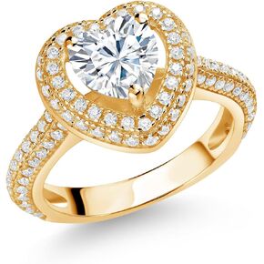 Gem Stone King 18K Yellow Gold Plated Silver White Moissanite Heart Shape Ring For Women (1.42 Cttw, Available In Size 5, 6, 7, 8, 9)
