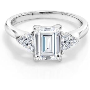 Gem Stone King 925 Sterling Silver White Moissanite and Lab Grown Diamond 3-Stone Engagement Ring For Women | 2.03 Cttw | Emerald Cut 8X6MM and Trillion 3.5MM | Available in Size 5,6,7,8,9