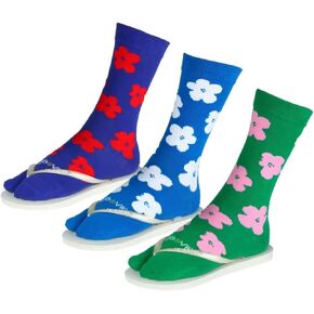 ja vie JAVIE Flip Flop Tabi Crew Socks (3 Pairs), Moisture Wicking Mid Calf Split Toe Socks for Women & Men