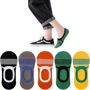 No Show Socks for Men Women 5 Pairs Cotton Low Cut Non Slip Flat Loafer Liner Casual Daily Striped Invisible