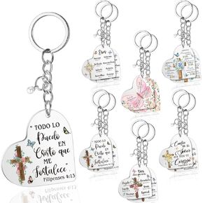 12 Pcs Spanish Christian Gifts for Women Christian Keychain with Spanish Bible Verse Prayers Cross Butterfly Flower Appreciation Keychains for Teacher Coworkers Religious Inspirational Gifts