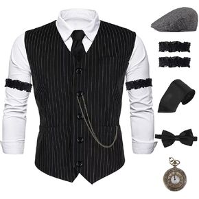 1920s Mens Gatsby Gangster Costume six-piece set Hat,Vest,Vintage Pocket Watch,Bow tie,tie,Arm rings