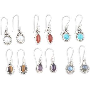 NOVICA Artisan Handmade Gemstone Dangle Earrings Sterling Silver from India Pearl Amethyst Tigers Eye Carnelian Labradorite 'Everyday Gems' (set of 6)