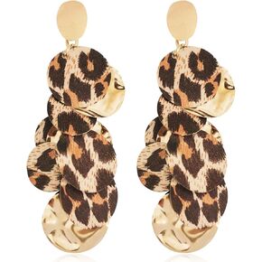 Unique Handmade Bohemian Round Leopard Acrylic Dangle Drop Earrings Statement Vintage 60s 70s Long Chain Resin Disk Stud Earrings for Women Boho Lightweight Summer Beach Jewelry