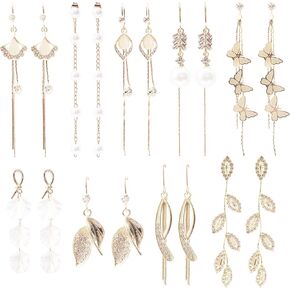9 Pairs Long Tassel Dangle Earrings for Women Plated Pearl Dangle Earrings Set Sparkling Threader Drop Earrings Chain Double Sided Pearl Earrings Cross Jewelry Gift for Bridal Wedding Christmas