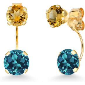 Gem Stone King 14K Yellow Gold London Blue Topaz and Yellow Citrine Dual Drop 2 Stone Round Earrings for Women (3.09 Cttw, Gemstone Birthstone, Round 6MM and 5MM)