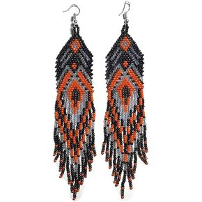 Weavish Long Beaded Dangle Earrings – Boho Native Handmade Seed Bead Tassel Earrings, Bohemian Large Statement Beaded Drop Fringe Earrings for Women
