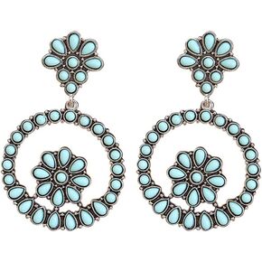 Bohemian Western Natural Turquoise Geometric Flower Drop Dangle Earrings Ethnic Teardrop for Women Statement Ethnic Boho Jewelry