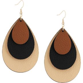 MINACHI Boho Chic Faux Leather Triple Layer Teardrop Waterdrop Dangle Drop Earrings, Vintage Bohemian Hippie Statement Jewelry Gift for Women