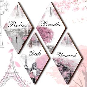 Gerrii Pink and Grey Bathroom Decor Pink Paris Decor Relax Soak Unwind Breathe Pink Gray Wall Art Pink Bathroom Accessories (Diamond, 11.81 x 6.69 Inch)