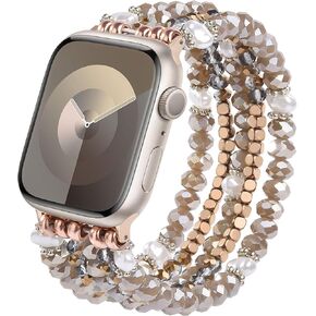 Beaded Bracelet Compatible with Apple Watch Band 38mm 40mm 41mm for Women, Fashion Handmade Stretchy Beads Strap for iWatch Band Series 10 9 8 7 6 5 4 3 2 1 SE (Light Coffee)