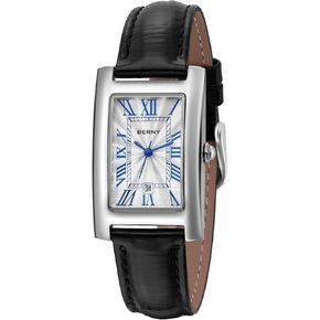 BERNY Rectangular Quartz Watch with for Women Classic Roman Numeral Markers Ladies' Casual Analog Wristwatch with Date Calendar Waterproof Genuine Leather Strap
