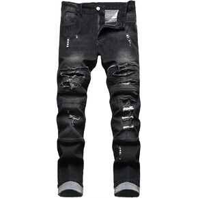 Baylvn Men's Designer Straight Slim Fit Patchwork Jeans Comfort Skinny Biker Denim Pants