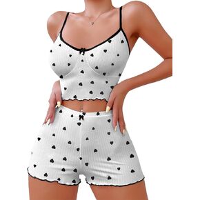 Hilinker Womens Graphic Print Ribbed PJ Set Crop Cami Tops and Shorts Cute Pajamas Set in Saudi Arabia