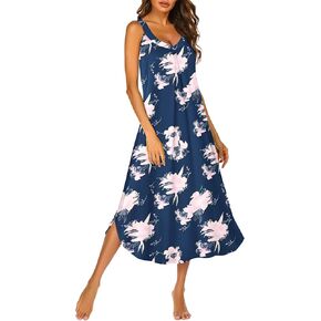 Ekouaer Sleeveless Nightgowns for Women Long Night Gown Pleated Full Length Sleepwear Tank Sleep Dress Slit Dress S-2XL