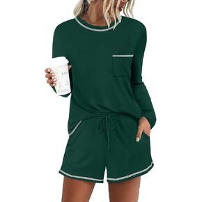 DouBCQ Women's Pajama Sets 2 Piece Long Sleeve Top and Shorts Crewneck Lounge Wear Soft Pjs with Pockets in Kuwait