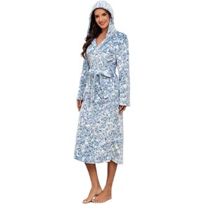 RONGTAI Leopard Print Hooded Bathrobe for Women, Long Shawl Collar Fleece Womens Robe with Pockets and Belt