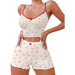 Hilinker Womens Graphic Print Ribbed PJ Set Crop Cami Tops and Shorts Cute Pajamas Set
